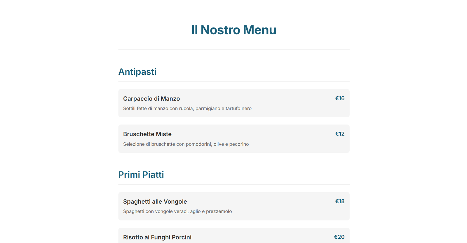Menu ristorante